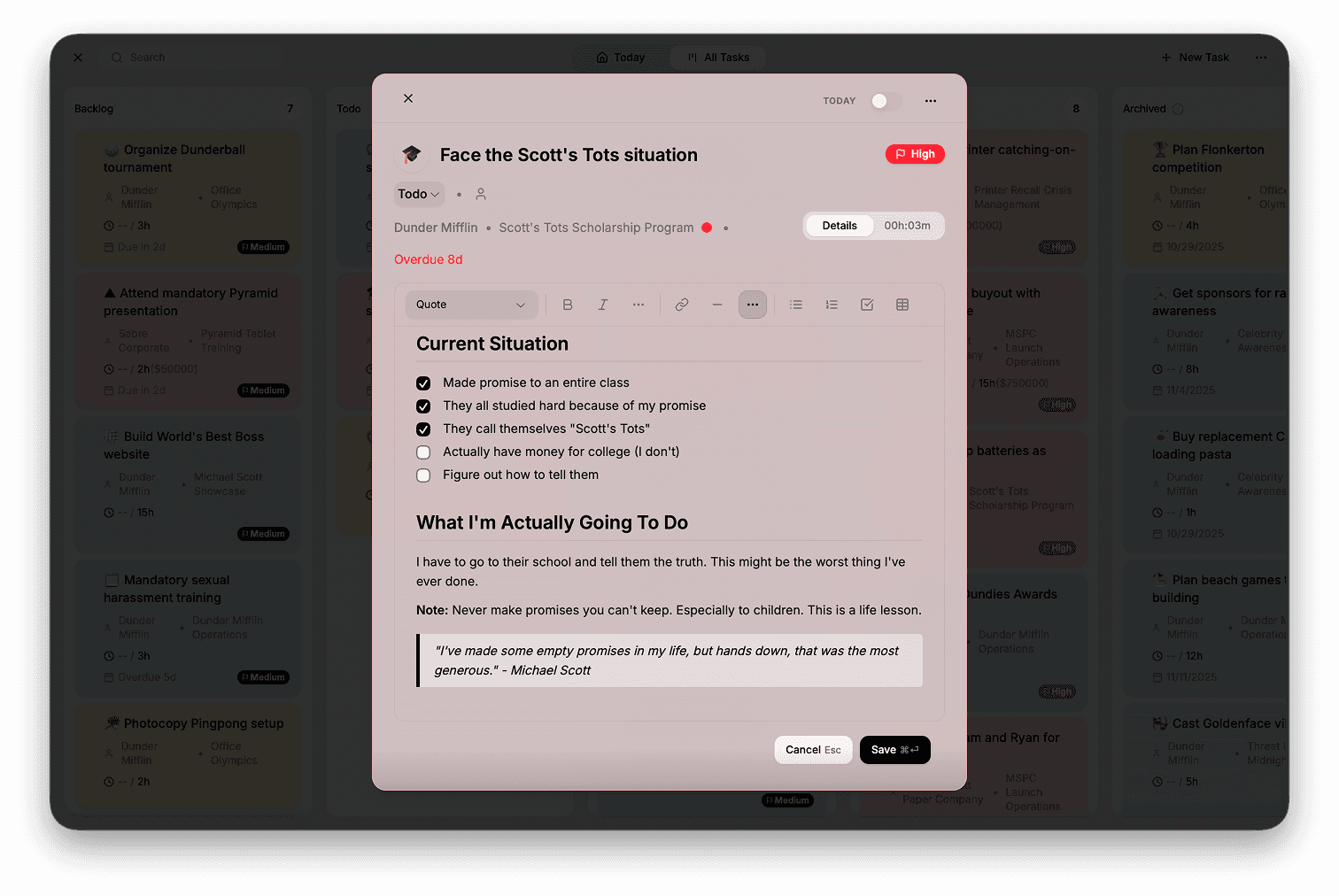 New task sheet with context fields