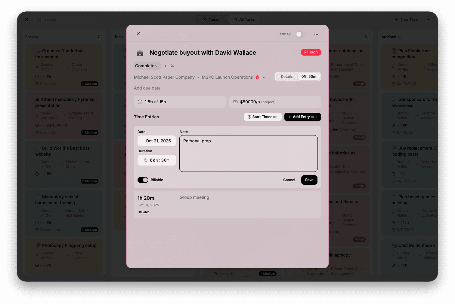 Managing recorded time entries