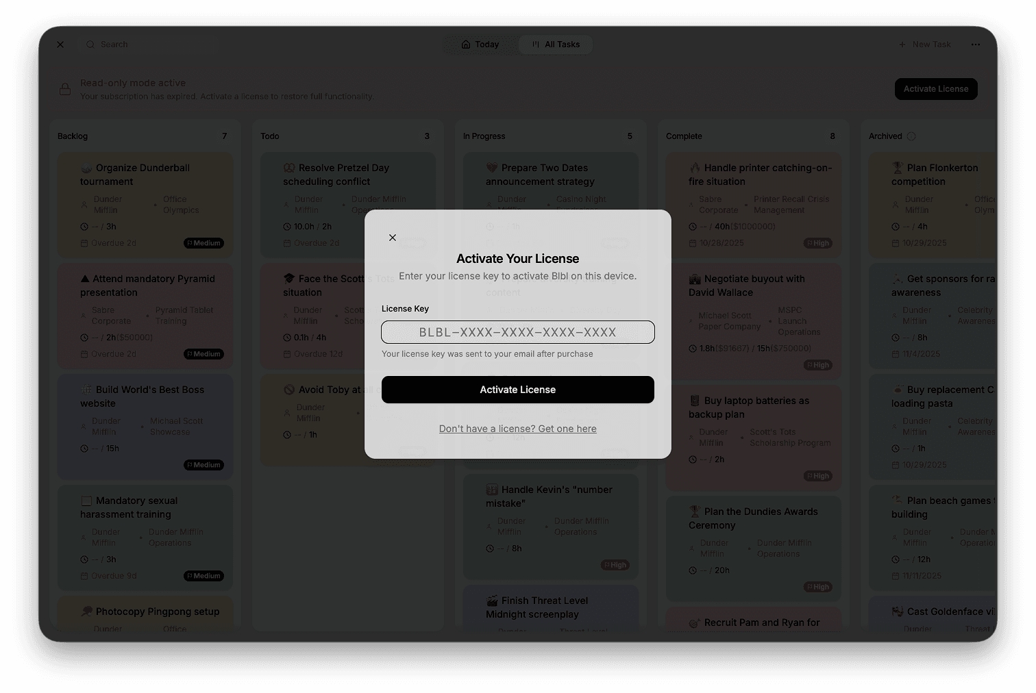 License activation dialog in the Blbl app